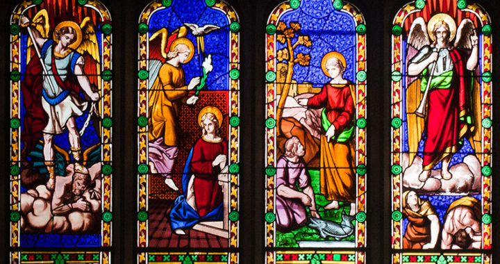 This week, we celebrate the Feast of Sts. Michael, Gabriel, and Raphael. Image: East window behind the altar by Frederick Settle Barff (1823–1886), the archangels Michael, Gabriel, Raphael, and an angel blowing the last trumpet (upper row detail).