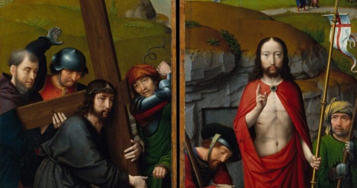 "Christ Carrying the Cross, with the Crucifixion; The Resurrection, with the Pilgrims of Emmaus," by Gerard David, c. 1510. (Metropolitan Museum of Art)